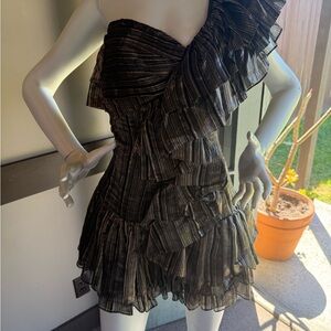 NWT La Fuori One Shoulder Ruffle Mini Dress metallic stripe Cocktail Prom